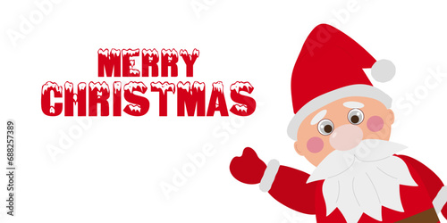 Santa Claus template a festive banner, flyer. Santa Claus looks out from the side and waves his hand. Vector illustration.