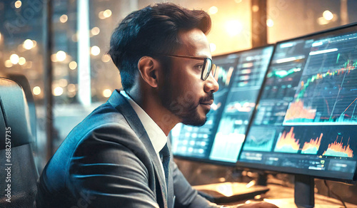 Finance trade manager analyzing stock market indicators for best investment strategy, financial data, and charts of trading online in the foreground.  photo