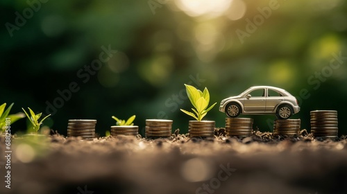 Growing coin or money stack with ESG business investment on electric vehicle or EV car with sustainable growth potential lead to profitable financial return and net zero future. Reliance. ECO concept. photo
