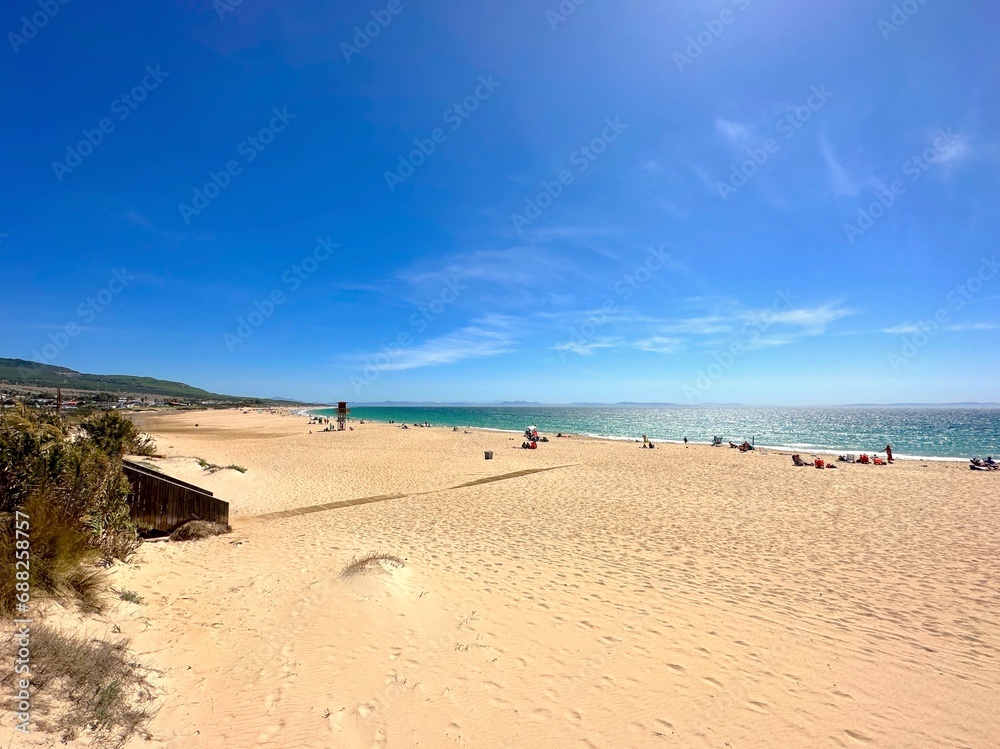 beautiful beach and dunes at the Playa de Bolonia at the Costa de la Luz, Andalusia, Cadiz, Spain beautiful beach and dunes at the Playa de Bolonia at the Costa de la Luz, Andalusia, Cadiz, Spain