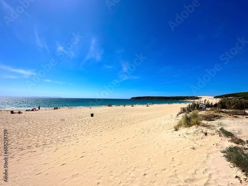 beautiful beach and dunes at the Playa de Bolonia at the Costa de la Luz  Andalusia  Cadiz  Spain