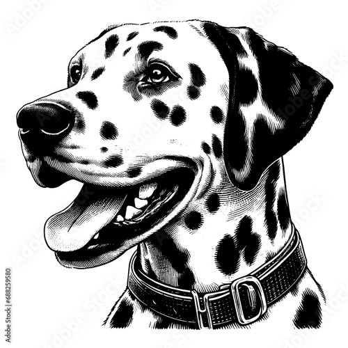 Happy Dalmatian portrait. Hand Drawn Pen and Ink. Vector Isolated in White Engraving vintage style illustration for print, tattoo, t-shirt, sticker