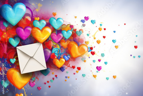 white envelope with colorful hearst for valentine day on white background photo