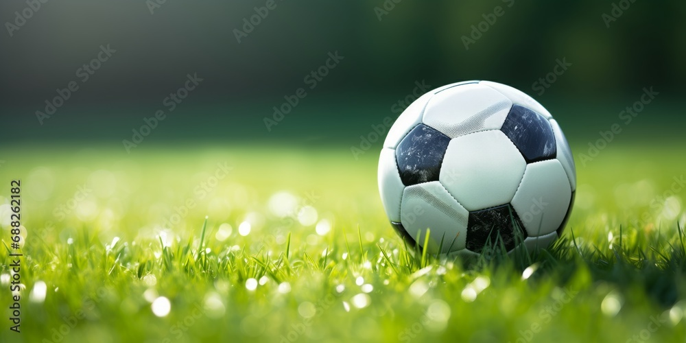 Naklejka premium Soccer ball on a bright green grass field with sunlight and shadows