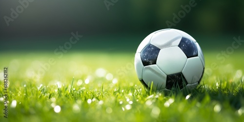 Soccer ball on a bright green grass field with sunlight and shadows