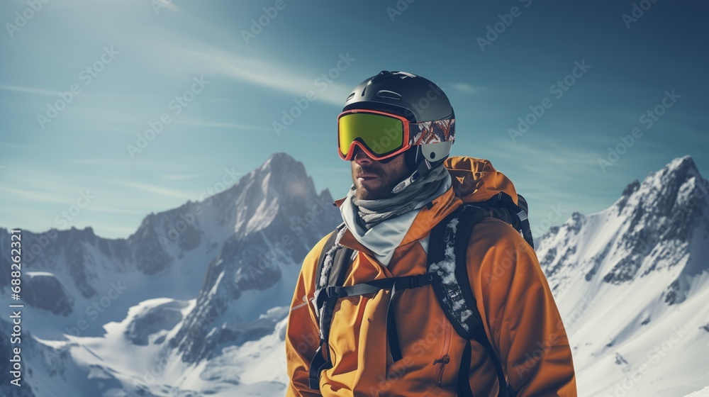 Alpine skier in orange jacket enjoying mountain view on a sunny winter day