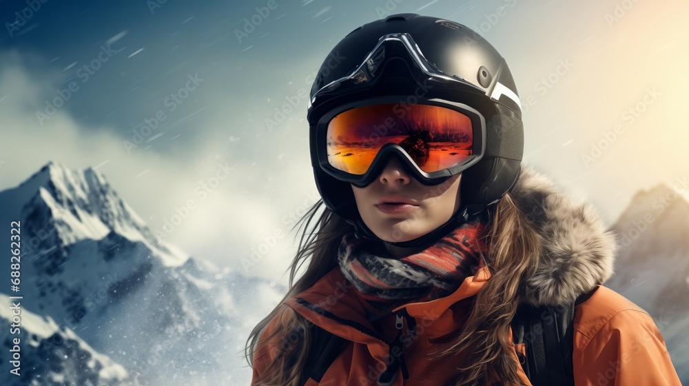 Snowboarder with reflective goggles in snowy mountain terrain Snowboarder with reflective goggles in snowy mountain terrain