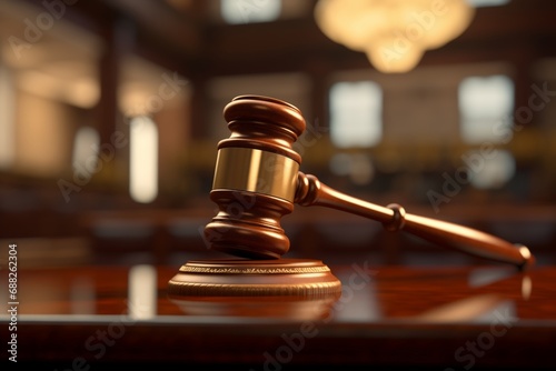 Gavel on wooden table in courtroom, symbol of law and justice © Jan