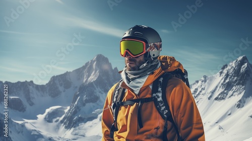 Alpine skier in orange jacket enjoying mountain view on a sunny winter day
