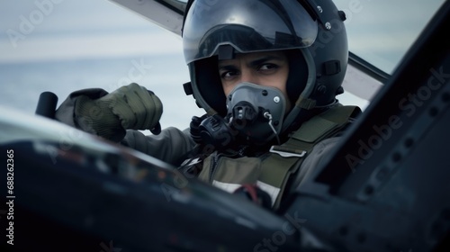 Fighter jet pilot with helmet in a cockpit photo