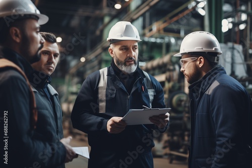 Supervisor discussing attendance with workers over clipboard in a manufacturing plant photo