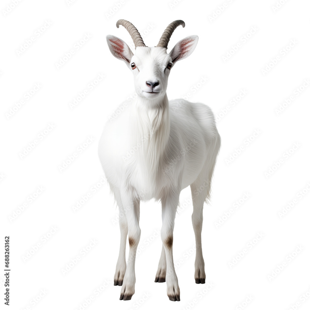 A majestic white goatantelope stands proudly, its powerful horns and snout embodying the untamed spirit of wild livestock, its antlers reaching towards the sky in a display of raw wildlife