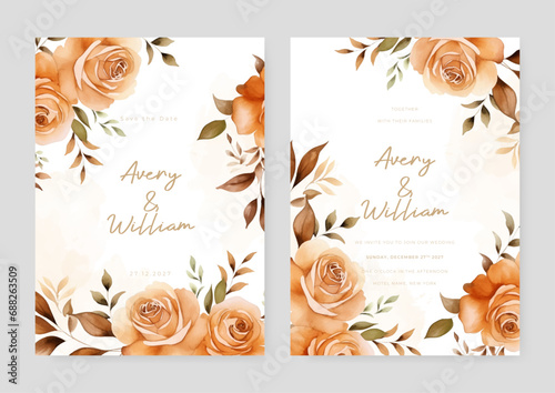 Beige rose luxury wedding invitation with golden line art flower and botanical leaves  shapes  watercolor