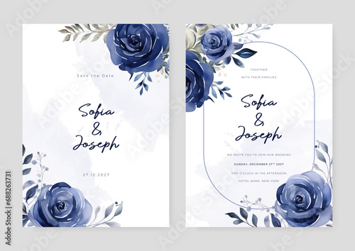 Blue rose vector elegant watercolor wedding invitation floral design