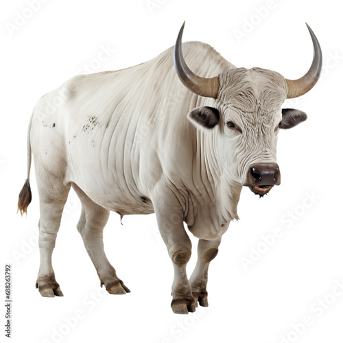 The powerful white bull charged through the fields  its magnificent horns glistening in the sun as it snorted with untamed energy  a symbol of the wild and majestic nature of bovine creatures in the 