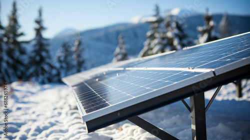Solar panel over winter mountain and shining sun. Solar energy green energy in winter