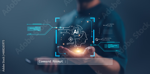 Chatbot Chat with AI, Artificial Intelligence. man using technology smart robot AI, artificial intelligence by enter command prompt for generates something, Futuristic technology transformation.