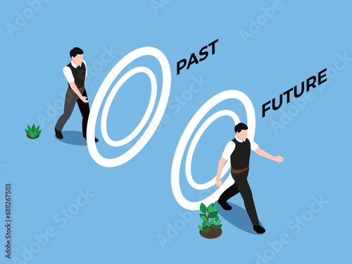 Business man run toward the future isometric 3d vector concept