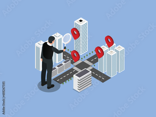 Businessman with magnifying glass looking for a location in the city isometric 3d vector concept