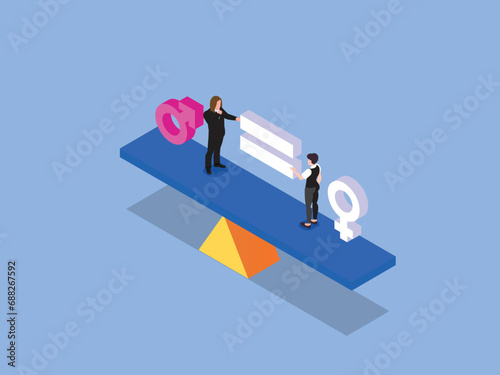 Male and female with symbol on the scales feeling equal discrimination isometric 3d vector concept