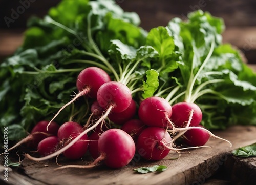 freshly picked organic radishes from the field on a wooden surface