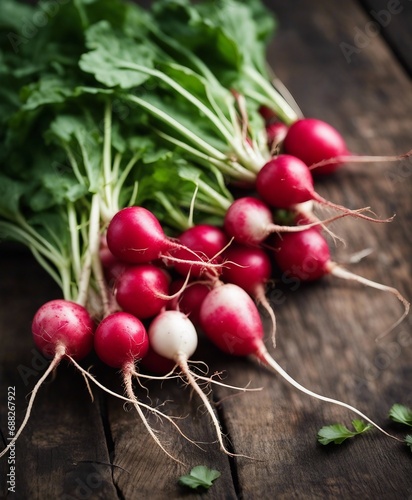 freshly picked organic radishes from the field on a wooden surface

