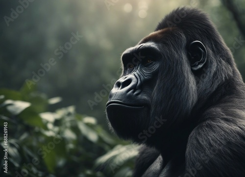 muscular male gorilla sitting at the jungle, foggy weather, sun is at back  © abu