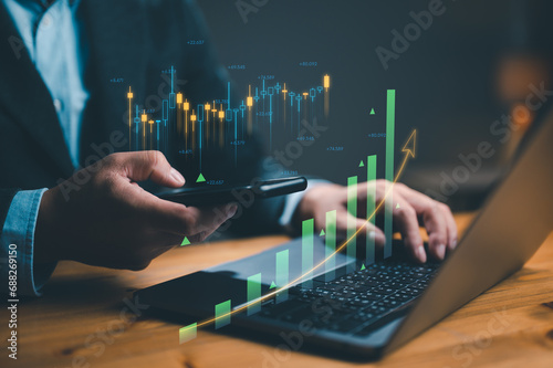 Planning and strategy, Stock market, Business growth, progress or success concept. Businessman or trader is showing a growing virtual hologram stock, invest in trading. Return on stocks mutual funds photo