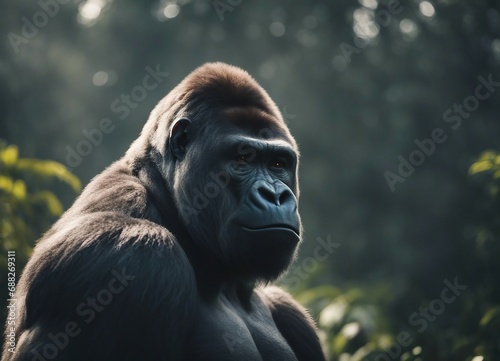 muscular male gorilla sitting at the jungle, foggy weather, sun is at back 