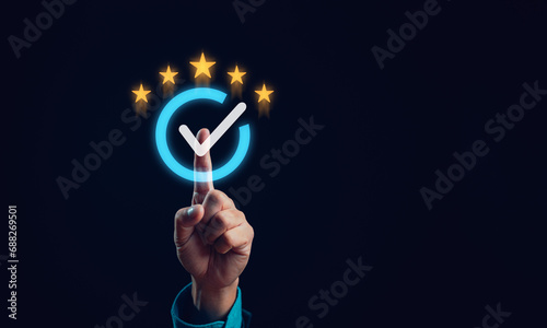 Hand with pointing up and shows the sign of the top service Quality assurance, Guarantee, Standards, ISO certification and standardization concept, satisfaction, service experience, good product.