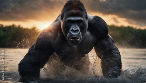 muscular male gorilla crossing the river  splashing and droplets  smoky weather  sunset 