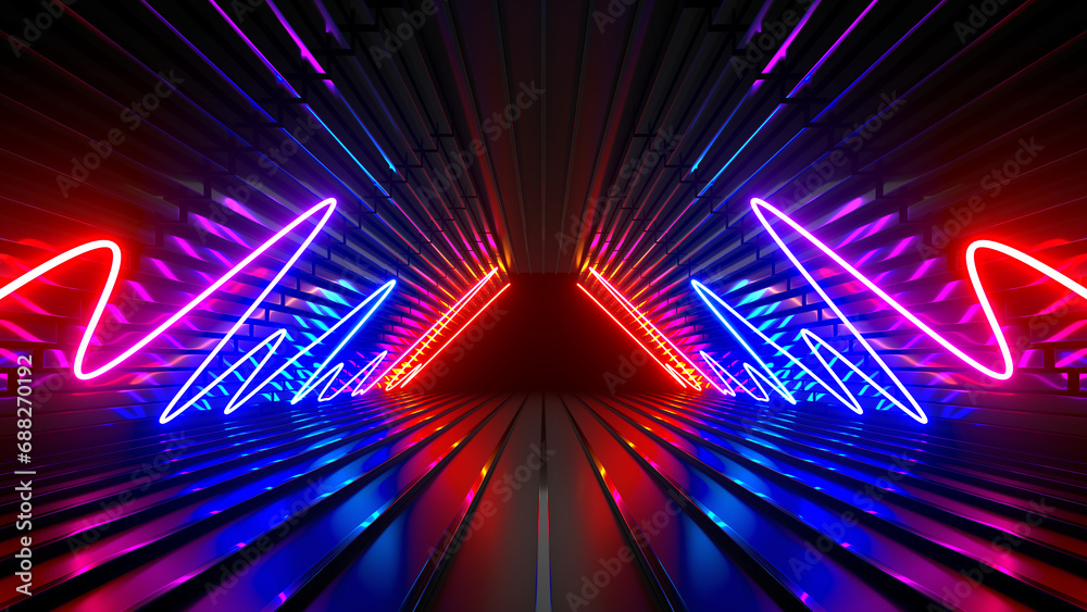 Sci Fi neon glowing lines in a dark tunnel. Reflections on the floor and ceiling. 3d rendering image. Abstract glowing lines. Technology futuristic background.