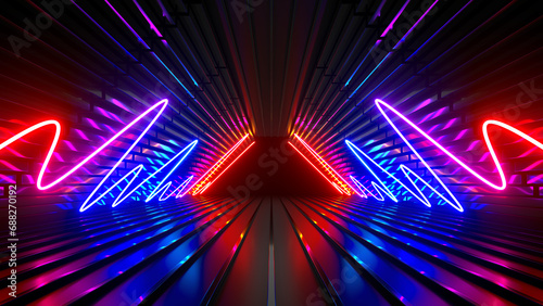 Obraz na płótnie Sci Fi neon glowing lines in a dark tunnel. Reflections on the floor and ceiling. 3d rendering image. Abstract glowing lines. Technology futuristic background. w salonie