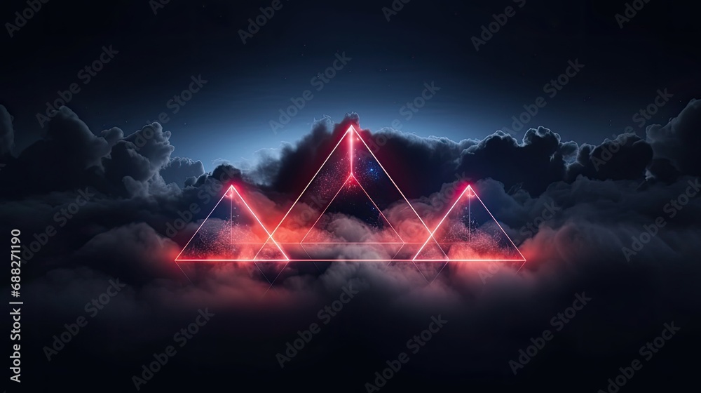 triangle neon light with cloud abstract background wallpaper, 3d render illustration, illuminated stormy cloud geometric shape for copy space