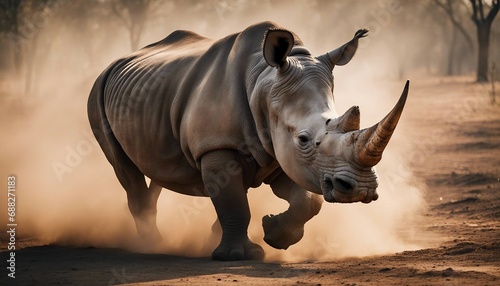 portrait of a rhino at the Africa wild life, running to the camera in dust and smoke