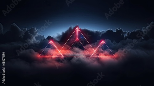 triangle neon light with cloud abstract background wallpaper, 3d render illustration, illuminated stormy cloud geometric shape for copy space