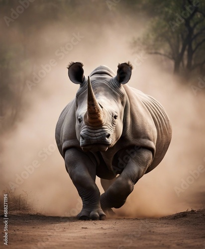 portrait of a rhino at the Africa wild life, running to the camera in dust and smoke