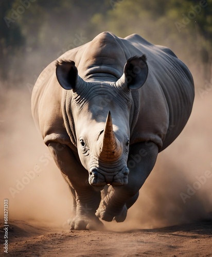 portrait of a rhino at the Africa wild life, running to the camera in dust and smoke