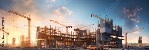 Obraz na płótnie Building under construction, crane and building construction site on sunset dayt