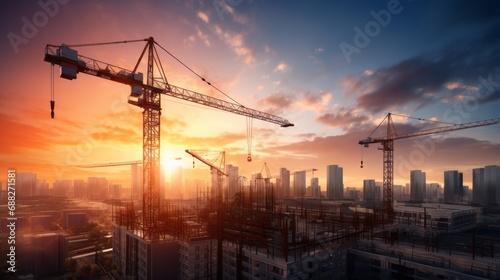 Building under construction, crane and building construction site on sunset daytime, industrial development photo
