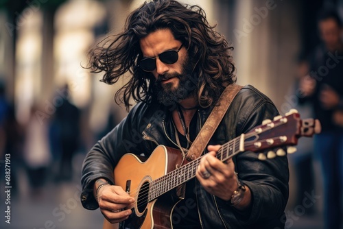 Handsome man with long curly hair playing guitar on the street, passionate street performer playing guitar, street photography, Rock music photo