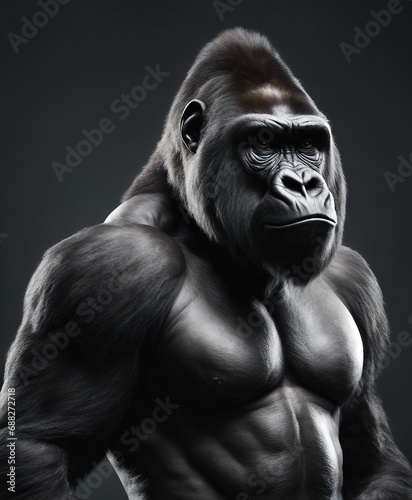 portrait of muscular male gorilla, isolated grey background 