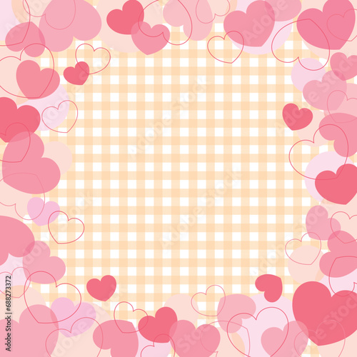 かわいいハートイラストのバナーフレーム/正方形・ピンク・黄色ギンガムチェック © 中居さちこ