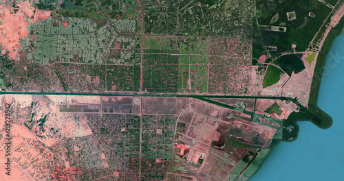Suez canal satellite map aerial view 3d rendering Port Said Port Fuad Egypt photo