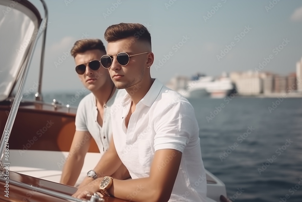 Young men on a yacht. Generative AI