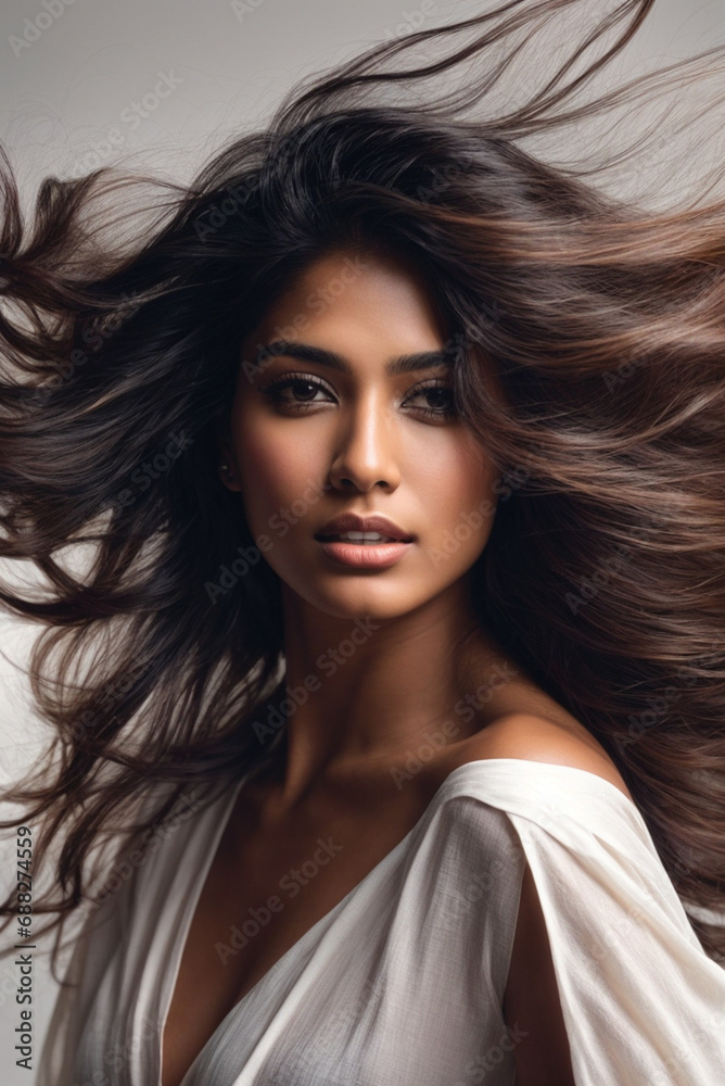 vertical closeup photo portrait of a beautiful young asian indian female model woman shaking her beautiful hair in motion. ad for shampoo conditioner hair products. isolated on white background vertical closeup photo portrait of a beautiful young asian indian female model woman shaking her beautiful hair in motion. ad for shampoo conditioner hair products. isolated on white background