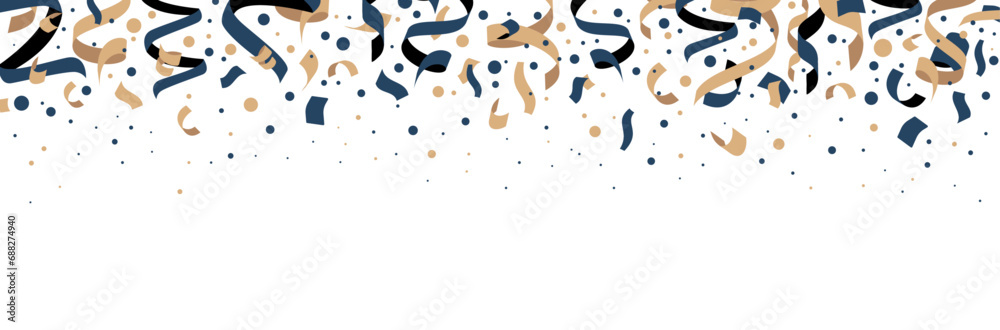 Confettis - Illustrations festives pour célébrer une fête ou un événement - Bannière de rubans et cotillons beiges et bleus, points et éléments décoratifs - Arrière-plan élégant et moderne - Fêtes - obrazy, fototapety, plakaty 