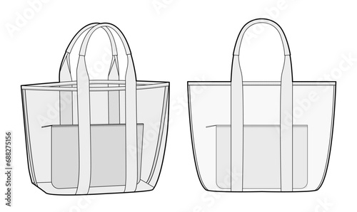 Beach Transparent Pool Tote with inner removable pouch bag. Fashion accessory technical illustration. Vector satchel front 3-4 view for Men women style, flat handbag CAD mockup sketch outline isolated