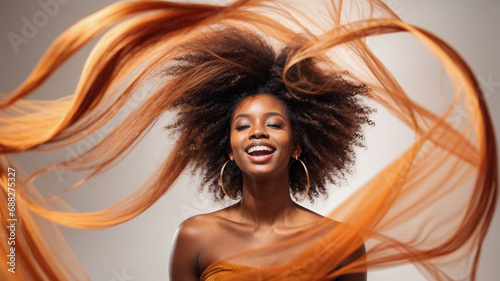 closeup photo portrait of a beautiful young afro american female model woman shaking her beautiful hair in motion. ad for shampoo conditioner hair products. isolated on white background photo