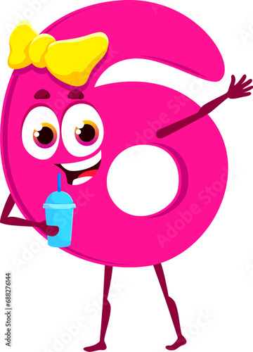 Cartoon funny math number six character. Isolated vector arithmetic digit 6 personage with adorable girlish appearance, featuring a cheerful face, yellow bow and vibrant pink color, drinking cocktail